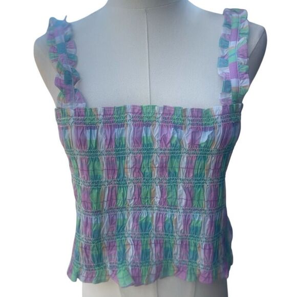 French Connection Pink Green Plaid Rouched Tube Top Size 12 Festival Feminine - Picture 1 of 7